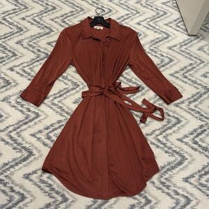 L’AGENCE Addison Tie-Waist Shirt Dress- Dark Red XS